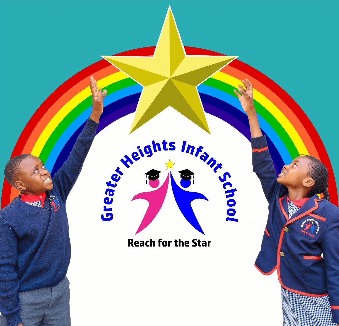Greater Heights Infant School pupils reaching towards a star above the school logo and rainbow